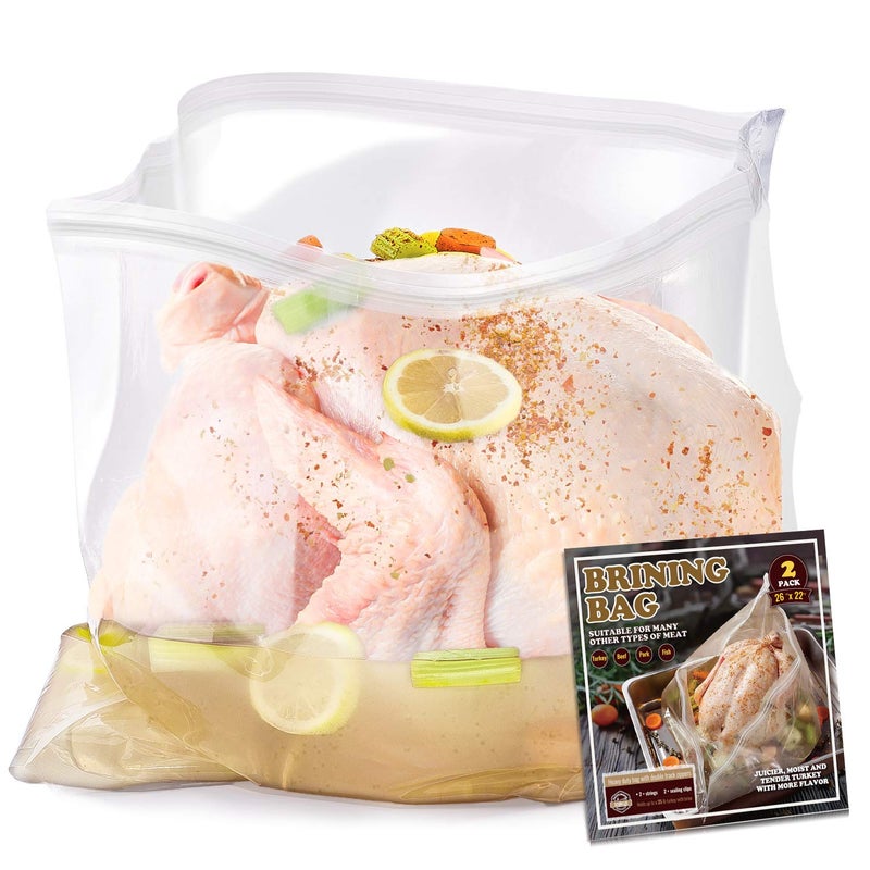 SCENGCLOS Brining Bag, 26"Ã—22", 2 Pack, Extra Large Turkey Brine Bag with 2 Strings and 2 Larger Clips, Thickened materials, Double Track Zippers Brine Bags, Brining Bags for Turkey, Ham, Beef, Marinade - Image 1